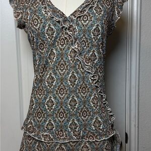 Vintage DKNY Jeans Elegant Brown and Blue Patterned Women's Top